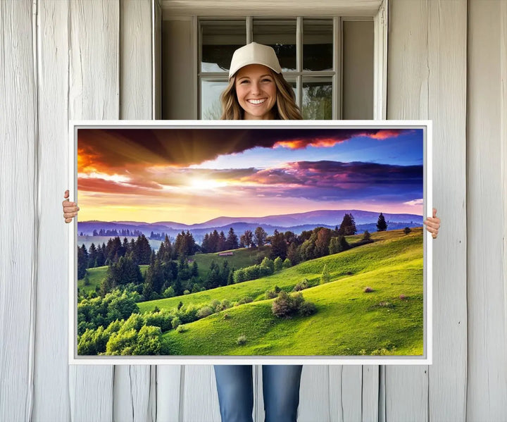 The Green Hills and Sunset Wall Art Print hangs prominently on the wall.