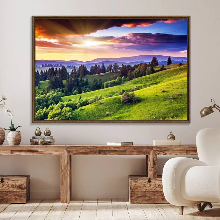 The Green Hills and Sunset Wall Art Print hangs prominently on the wall.