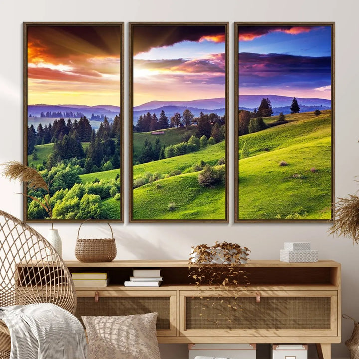 The Green Hills and Sunset Wall Art Print hangs prominently on the wall.