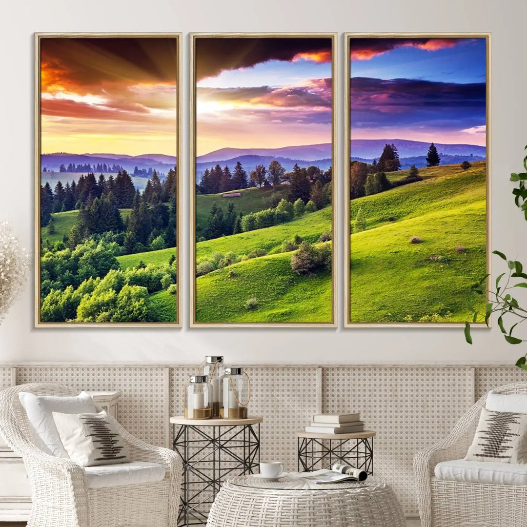 The Green Hills and Sunset Wall Art Print hangs prominently on the wall.