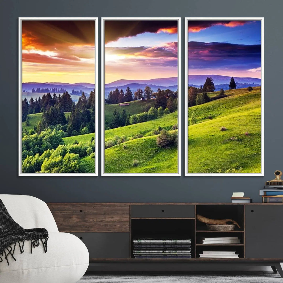 The Green Hills and Sunset Wall Art Print hangs prominently on the wall.