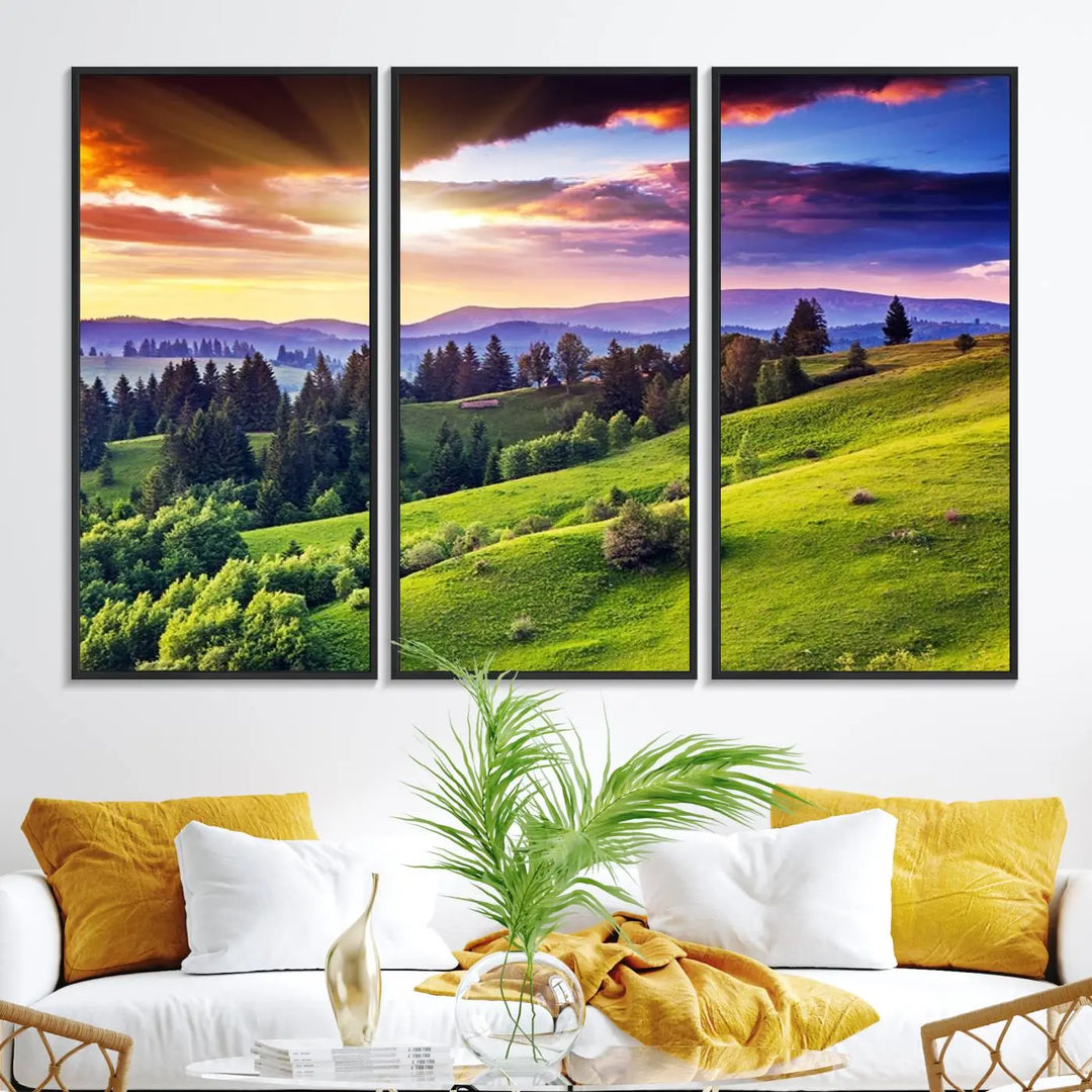 The Green Hills and Sunset Wall Art Print hangs prominently on the wall.