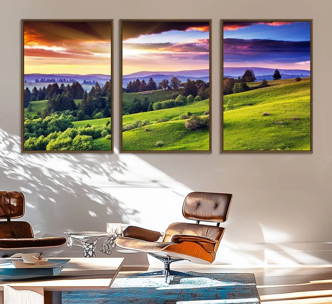 The Green Hills and Sunset Wall Art Print hangs prominently on the wall.