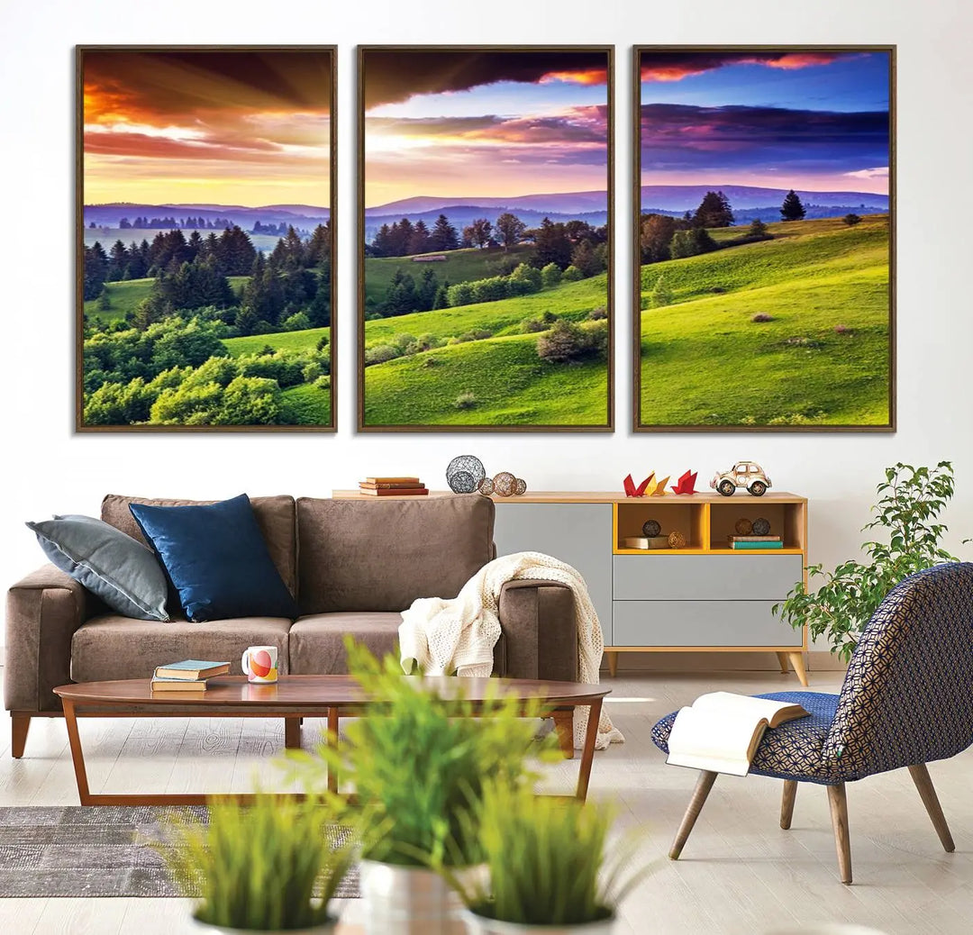 The Green Hills and Sunset Wall Art Print hangs prominently on the wall.