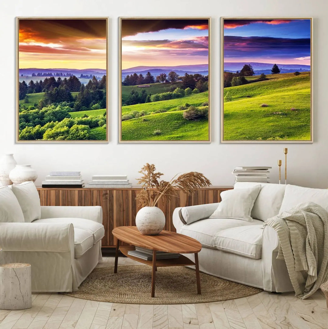 The Green Hills and Sunset Wall Art Print hangs prominently on the wall.