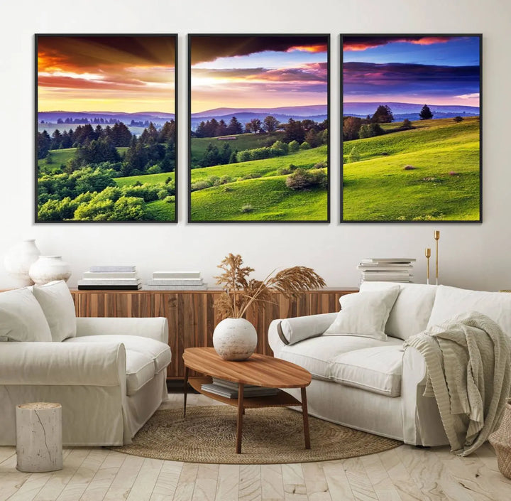 The Green Hills and Sunset Wall Art Print hangs prominently on the wall.