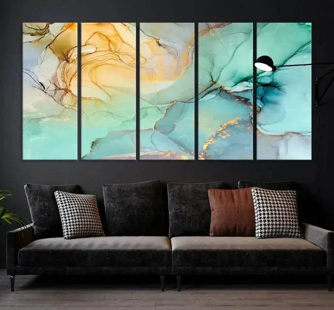 The Green Marble Fluid Effect Wall Art Abstract Canvas Wall Art Print, wrapped on a museum-quality canvas, is elegantly displayed on a dark wall.