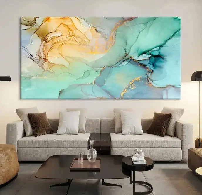 The Green Marble Fluid Effect Wall Art Abstract Canvas Wall Art Print, wrapped on a museum-quality canvas, is elegantly displayed on a dark wall.