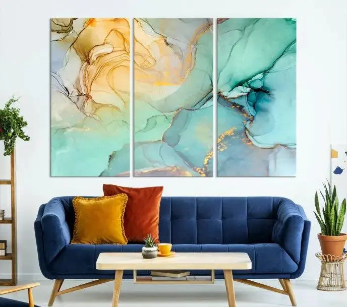 The Green Marble Fluid Effect Wall Art Abstract Canvas Wall Art Print, wrapped on a museum-quality canvas, is elegantly displayed on a dark wall.