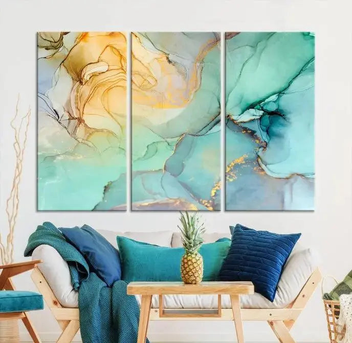 The Green Marble Fluid Effect Wall Art Abstract Canvas Wall Art Print, wrapped on a museum-quality canvas, is elegantly displayed on a dark wall.