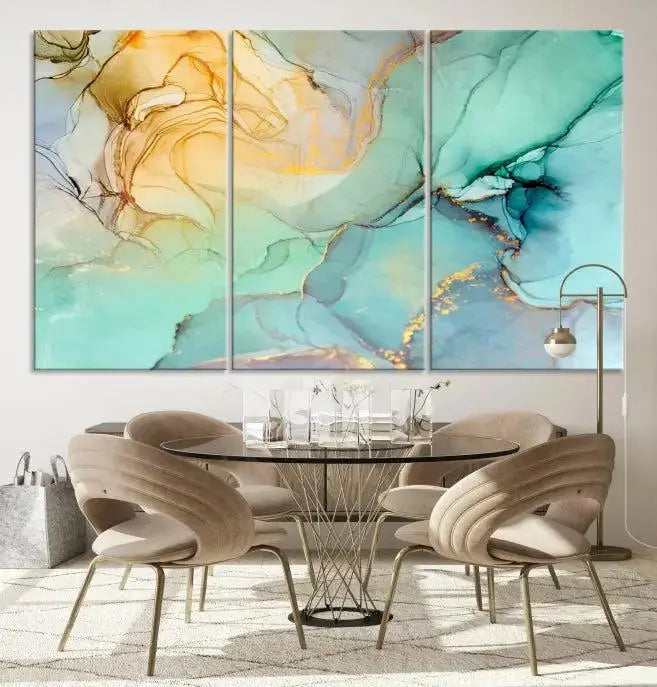 The Green Marble Fluid Effect Wall Art Abstract Canvas Wall Art Print, wrapped on a museum-quality canvas, is elegantly displayed on a dark wall.