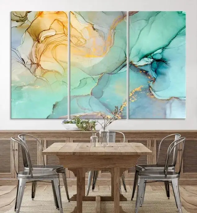 The Green Marble Fluid Effect Wall Art Abstract Canvas Wall Art Print, wrapped on a museum-quality canvas, is elegantly displayed on a dark wall.