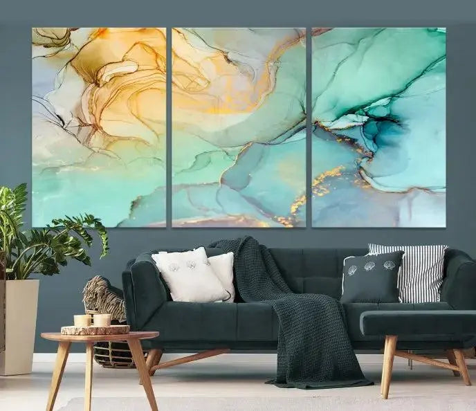 The Green Marble Fluid Effect Wall Art Abstract Canvas Wall Art Print, wrapped on a museum-quality canvas, is elegantly displayed on a dark wall.