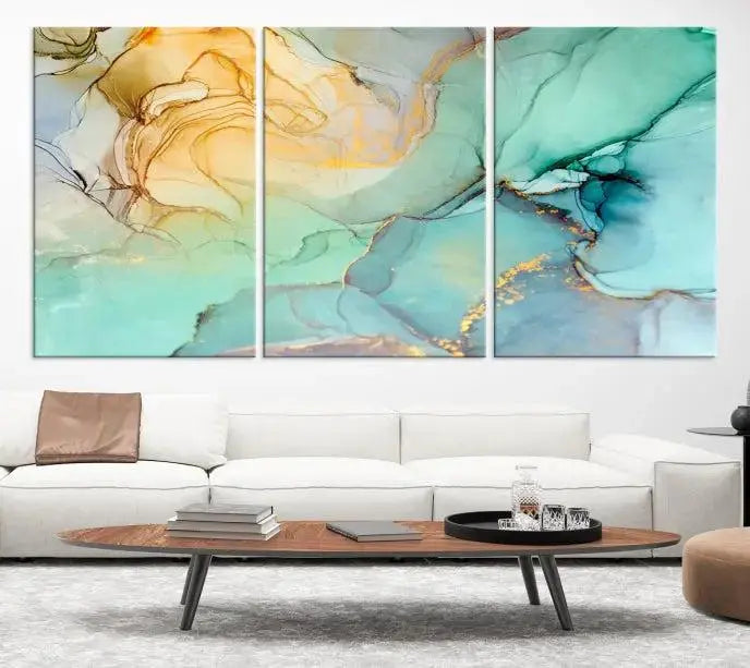 The Green Marble Fluid Effect Wall Art Abstract Canvas Wall Art Print, wrapped on a museum-quality canvas, is elegantly displayed on a dark wall.