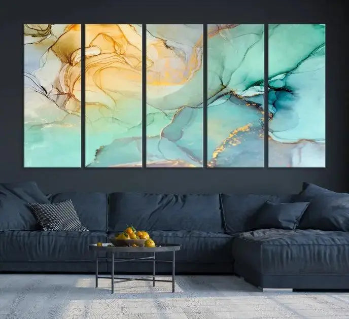 The Green Marble Fluid Effect Wall Art Abstract Canvas Wall Art Print, wrapped on a museum-quality canvas, is elegantly displayed on a dark wall.