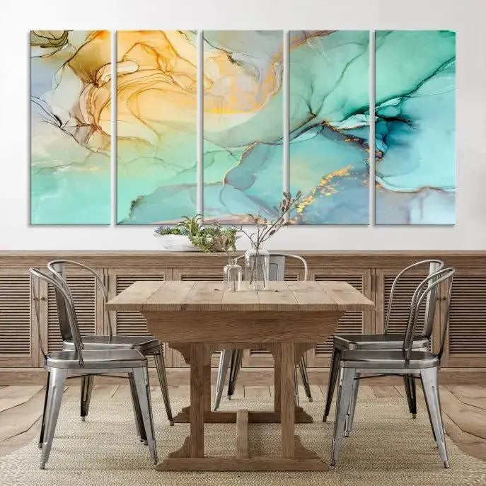 The Green Marble Fluid Effect Wall Art Abstract Canvas Wall Art Print, wrapped on a museum-quality canvas, is elegantly displayed on a dark wall.