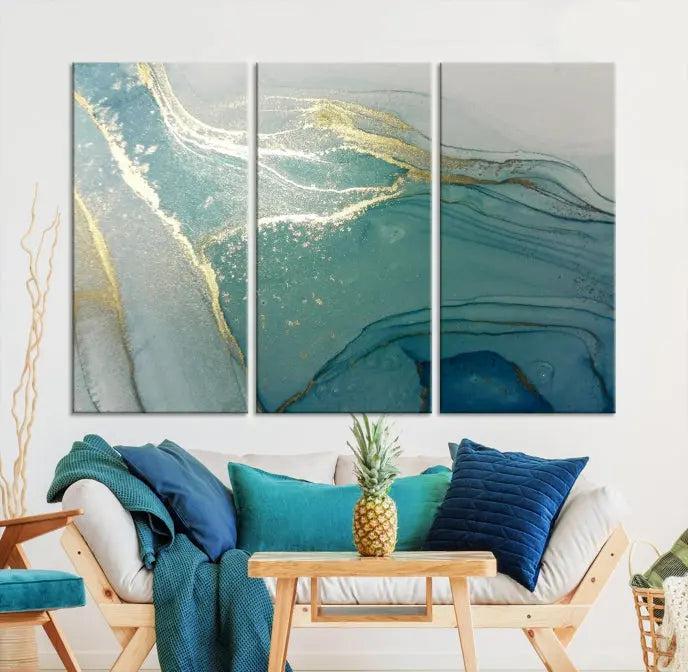 The Green Marble Fluid Effect Wall Art Abstract Canvas Wall Art Print is displayed prominently. Each canvas piece is gallery wrapped with a UV-protective coating to maintain its lasting vibrancy.