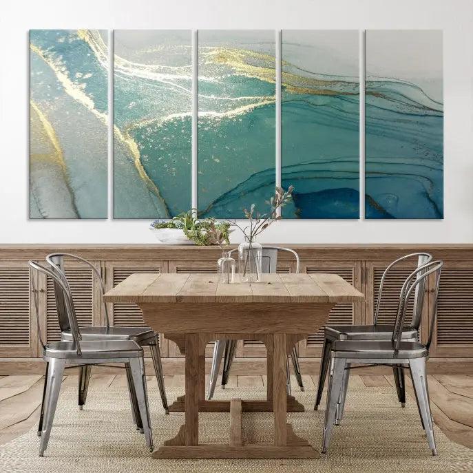 The Green Marble Fluid Effect Wall Art Abstract Canvas Wall Art Print is displayed prominently. Each canvas piece is gallery wrapped with a UV-protective coating to maintain its lasting vibrancy.