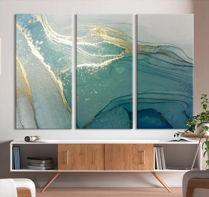 The Green Marble Fluid Effect Wall Art Abstract Canvas Wall Art Print is displayed prominently. Each canvas piece is gallery wrapped with a UV-protective coating to maintain its lasting vibrancy.