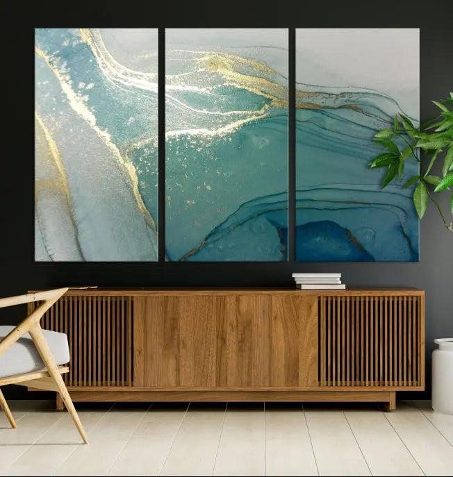 The Green Marble Fluid Effect Wall Art Abstract Canvas Wall Art Print is displayed prominently. Each canvas piece is gallery wrapped with a UV-protective coating to maintain its lasting vibrancy.