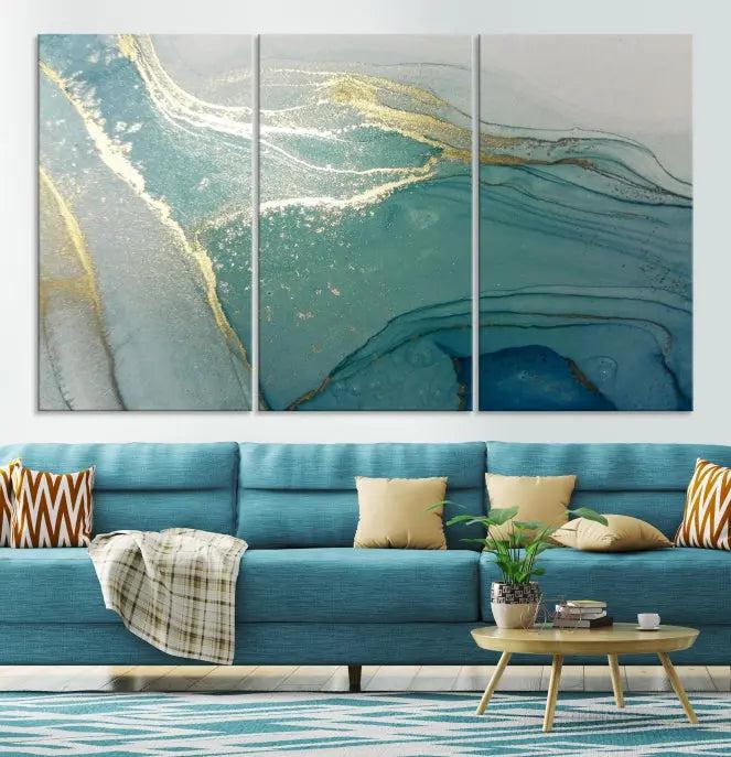 The Green Marble Fluid Effect Wall Art Abstract Canvas Wall Art Print is displayed prominently. Each canvas piece is gallery wrapped with a UV-protective coating to maintain its lasting vibrancy.