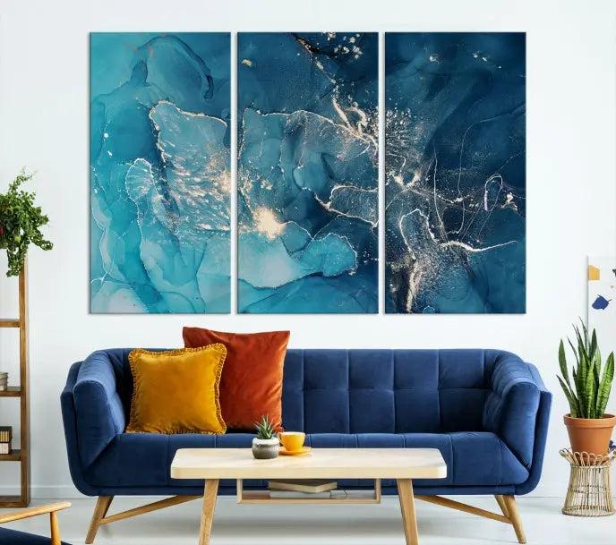 A set of Green Marble Fluid Effect Wall Art abstract canvas prints elegantly adorns the wall, creating a modern ambiance.