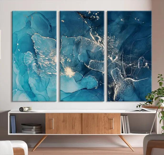 A set of Green Marble Fluid Effect Wall Art abstract canvas prints elegantly adorns the wall, creating a modern ambiance.