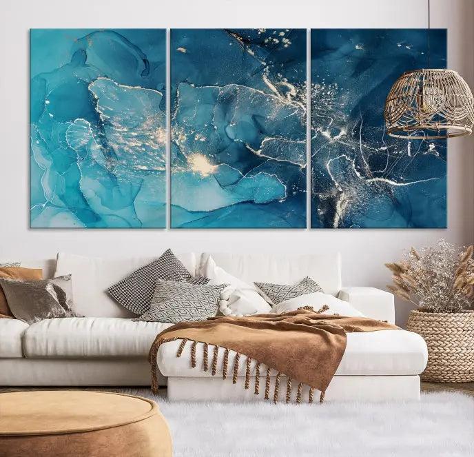 A set of Green Marble Fluid Effect Wall Art abstract canvas prints elegantly adorns the wall, creating a modern ambiance.