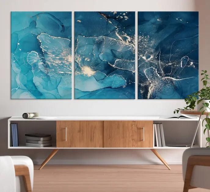 A set of Green Marble Fluid Effect Wall Art abstract canvas prints elegantly adorns the wall, creating a modern ambiance.