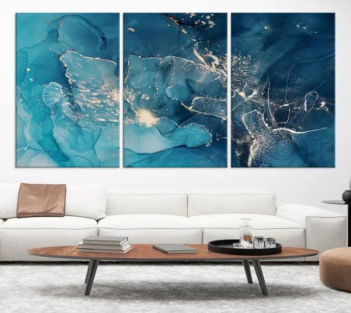 A set of Green Marble Fluid Effect Wall Art abstract canvas prints elegantly adorns the wall, creating a modern ambiance.