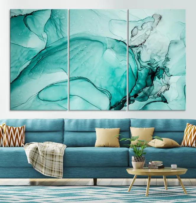 A contemporary living room showcasing the stunning "Green Marble Fluid Effect" abstract canvas, mounted prominently on the wall.