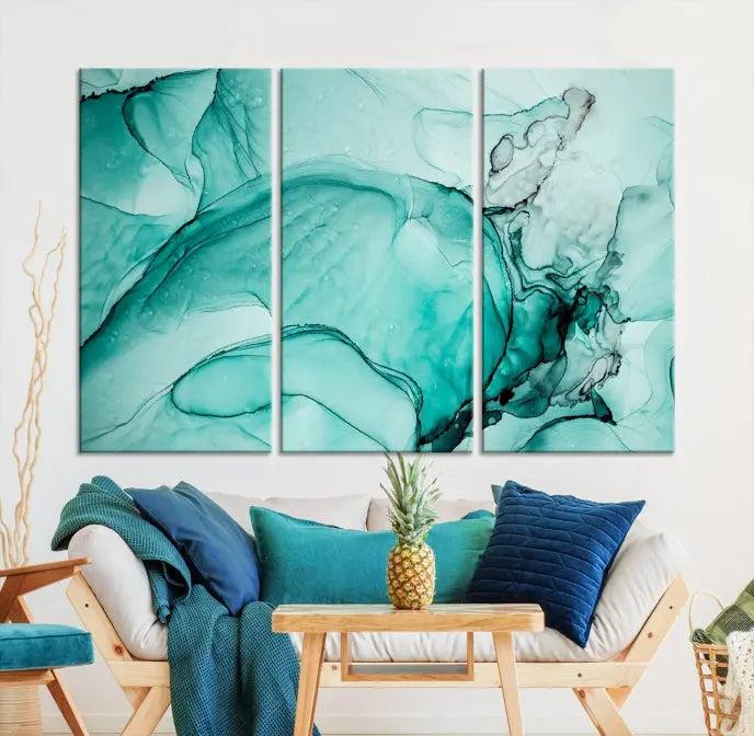 A contemporary living room showcasing the stunning "Green Marble Fluid Effect" abstract canvas, mounted prominently on the wall.