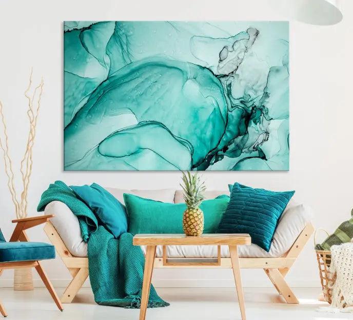 A contemporary living room showcasing the stunning "Green Marble Fluid Effect" abstract canvas, mounted prominently on the wall.