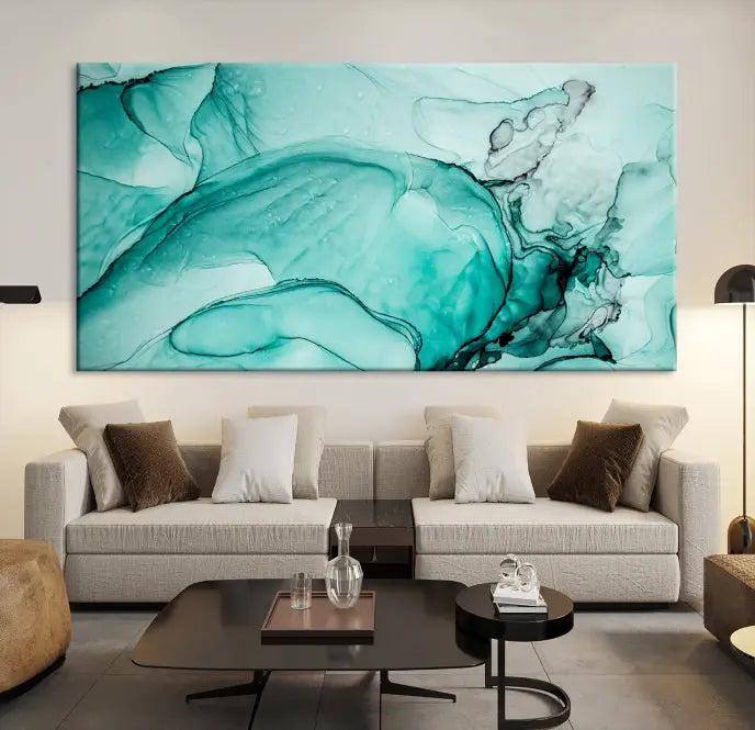 A contemporary living room showcasing the stunning "Green Marble Fluid Effect" abstract canvas, mounted prominently on the wall.