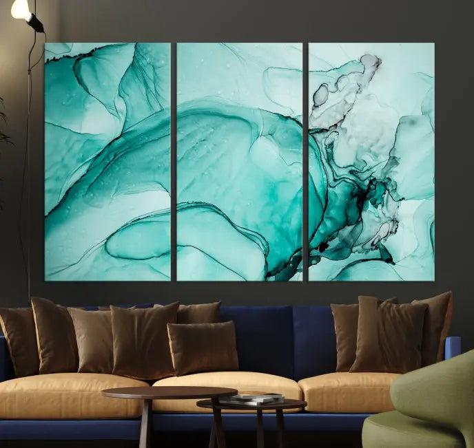 A contemporary living room showcasing the stunning "Green Marble Fluid Effect" abstract canvas, mounted prominently on the wall.