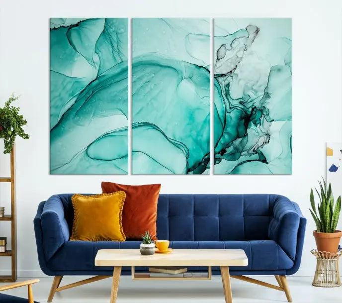 A contemporary living room showcasing the stunning "Green Marble Fluid Effect" abstract canvas, mounted prominently on the wall.