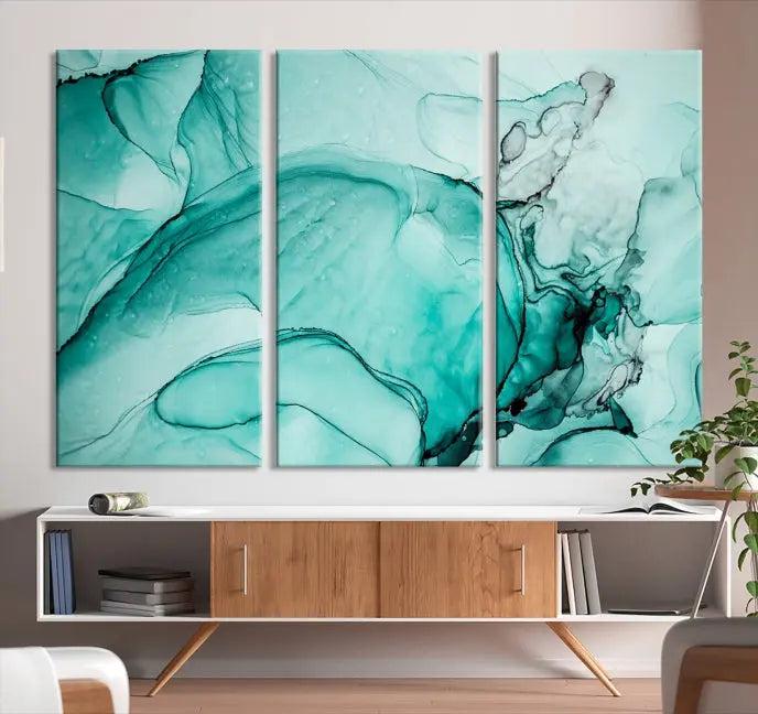 A contemporary living room showcasing the stunning "Green Marble Fluid Effect" abstract canvas, mounted prominently on the wall.