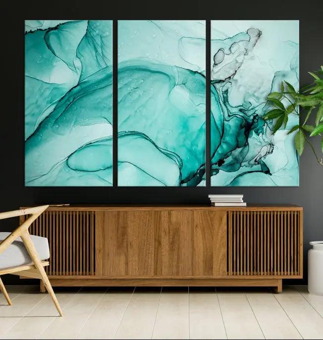 A contemporary living room showcasing the stunning "Green Marble Fluid Effect" abstract canvas, mounted prominently on the wall.