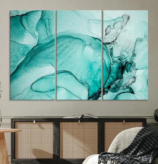 A contemporary living room showcasing the stunning "Green Marble Fluid Effect" abstract canvas, mounted prominently on the wall.