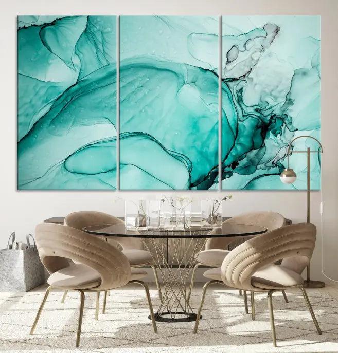 A contemporary living room showcasing the stunning "Green Marble Fluid Effect" abstract canvas, mounted prominently on the wall.