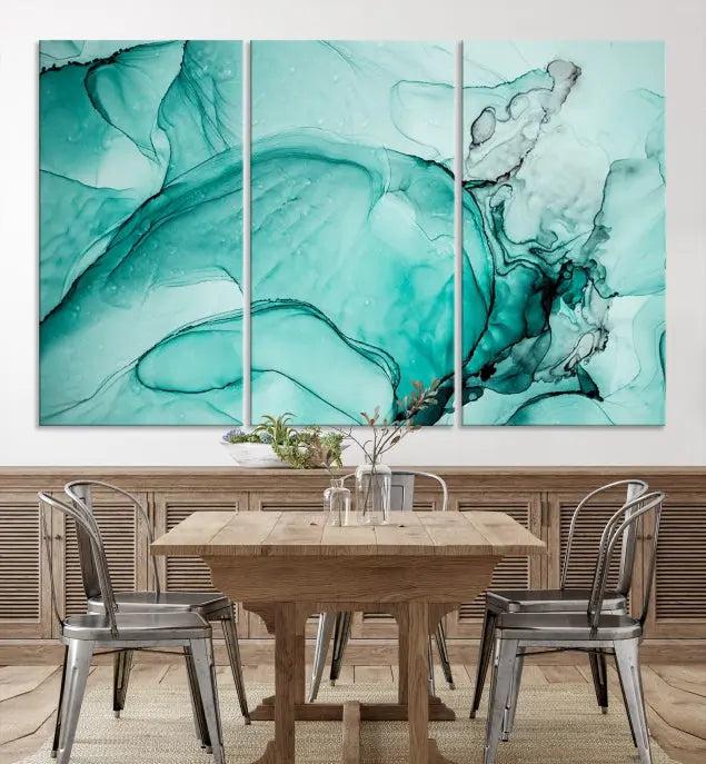 A contemporary living room showcasing the stunning "Green Marble Fluid Effect" abstract canvas, mounted prominently on the wall.