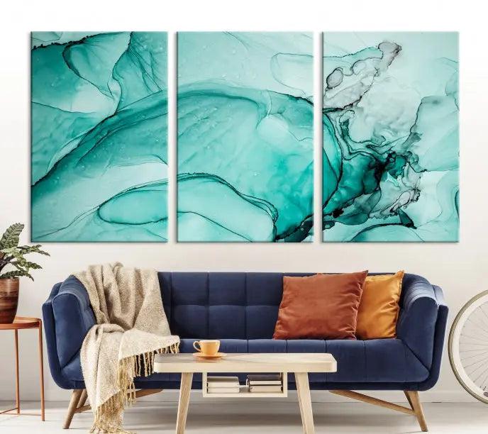 A contemporary living room showcasing the stunning "Green Marble Fluid Effect" abstract canvas, mounted prominently on the wall.