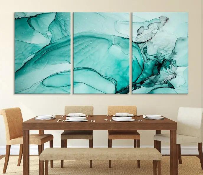 A contemporary living room showcasing the stunning "Green Marble Fluid Effect" abstract canvas, mounted prominently on the wall.