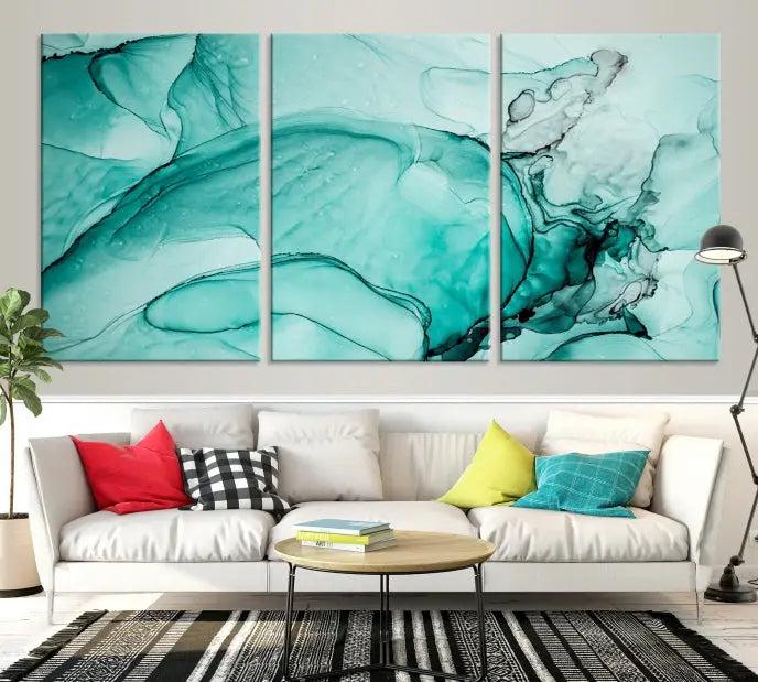 A contemporary living room showcasing the stunning "Green Marble Fluid Effect" abstract canvas, mounted prominently on the wall.