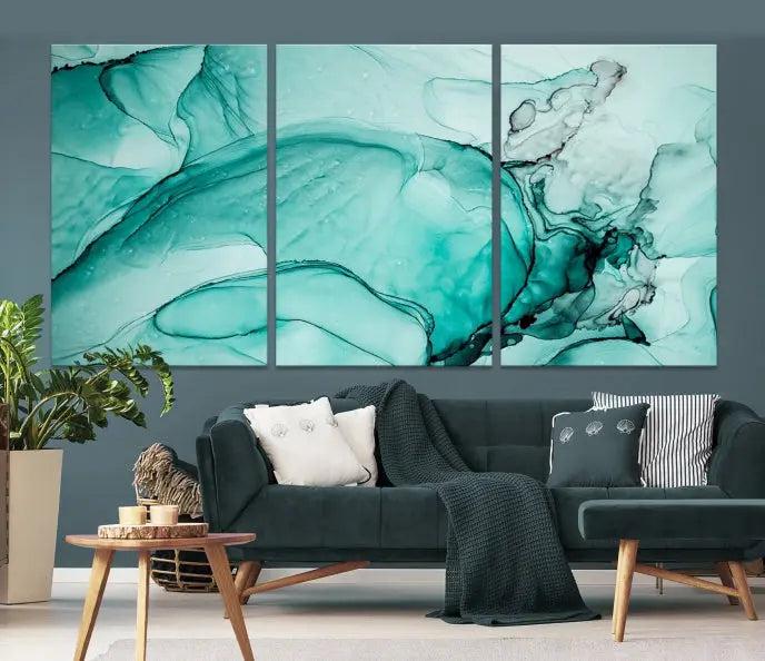 A contemporary living room showcasing the stunning "Green Marble Fluid Effect" abstract canvas, mounted prominently on the wall.