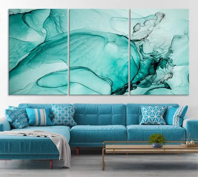 A contemporary living room showcasing the stunning "Green Marble Fluid Effect" abstract canvas, mounted prominently on the wall.