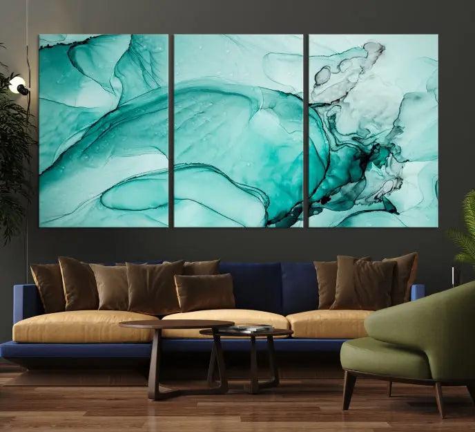 A contemporary living room showcasing the stunning "Green Marble Fluid Effect" abstract canvas, mounted prominently on the wall.