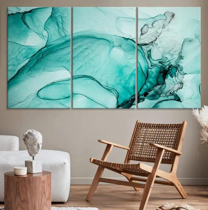 A contemporary living room showcasing the stunning "Green Marble Fluid Effect" abstract canvas, mounted prominently on the wall.