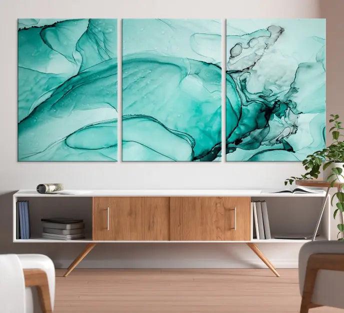 A contemporary living room showcasing the stunning "Green Marble Fluid Effect" abstract canvas, mounted prominently on the wall.