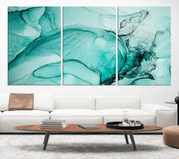 A contemporary living room showcasing the stunning "Green Marble Fluid Effect" abstract canvas, mounted prominently on the wall.